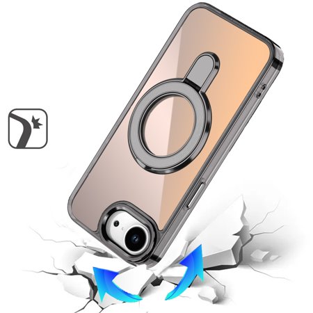 XPM for Apple iPhone 16e Phone Case, Chrome Hybrid with Rotating Magnetic Circle Ring Stand, Slim Shockproof Hybrid Cover for Apple iPhone 16 E (6.1") (Black)