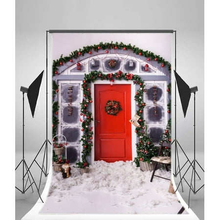 Image of HelloDecor Christmas Decoration Backdrop 5x7ft Photography Backdrop Wreath Socks Lights Winter Snow Wooden Door Festival Celebration Photos Video Studio Props