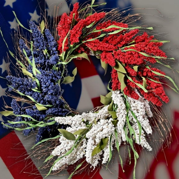 4th of July Independence Day Wreath Red White Blue Wheat Floral Twig Wreath 17 inch Patriotic Decorations Memorial Day Flag Day Veterans Day