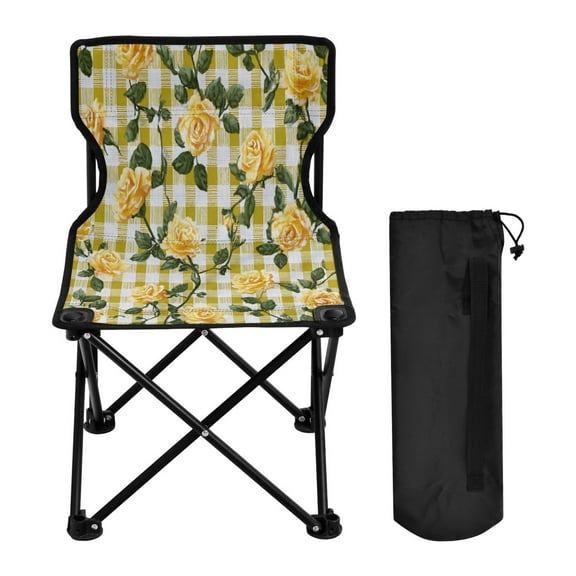 Folding Chair Camping Chair For Camping Picnicking Outdoor Beach and Travel Gingham Pattern Yellow Roses