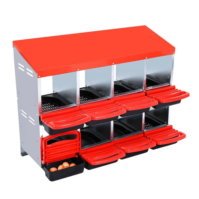 yeshouse nidos para gallinas ponedoras, nido metálico rojo de 8 compartimentos con orificios de ventilación y percha abatible frontal; vista 3/4 frontal que muestra estructura de acero galvanizado y techo rojo, bandejas colectoras extraíbles, cajón inferior con huevos, montaje en pared o suelo y fácil limpieza; también suele usarse como nidales temporales para patos u otras aves de corral.