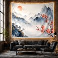 thumbnail image 6 of Red Blossoms Against Indigo Peaks Under Orange Sun, Calming Watercolor for Nature Lovers, Landscape Decor, Housewarming Gift, Tapestry Wall Hanging for Bedroom and Study Room, 6 of 7