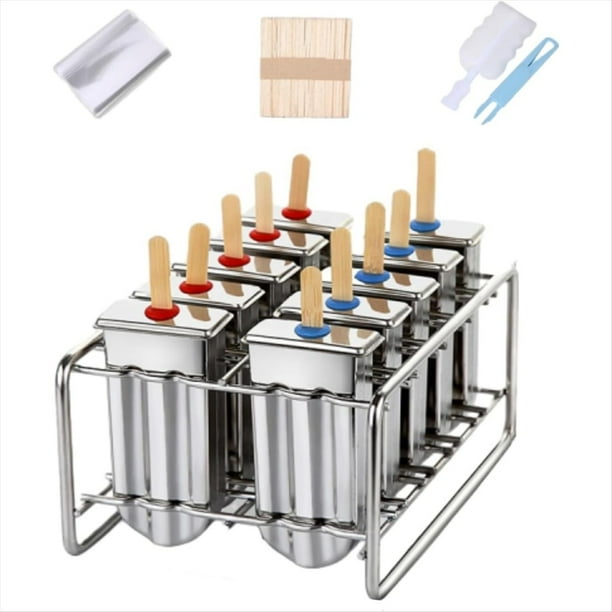 10 Moldes de Acero Inoxidable para Paletas y Rejilla para Helado con 10 Moldes Cuadrados para Hacer Paletas Heladas.