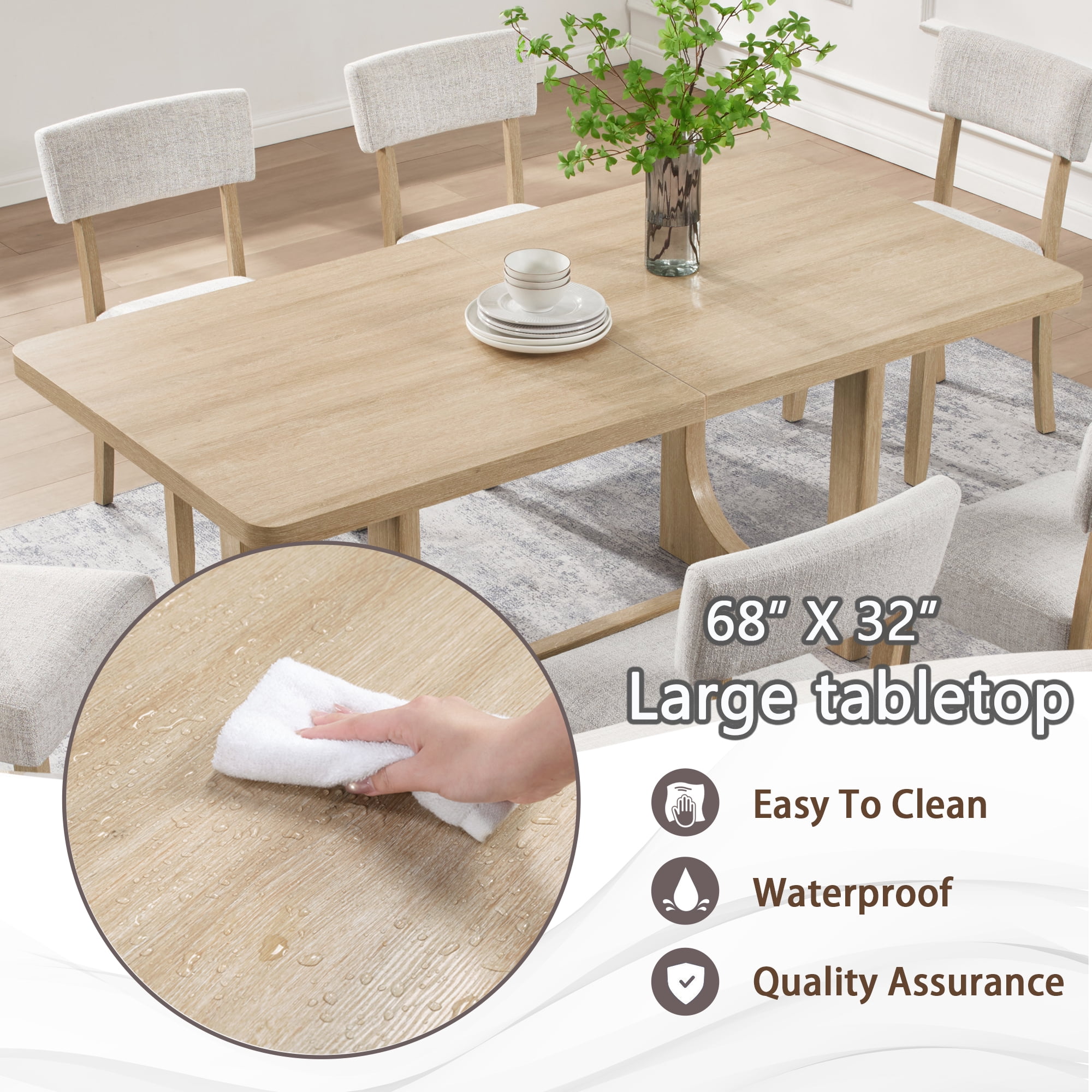 Gewnee 7-Piece Dining Table & Chairs Set for 6,68" U-Shaped Base Rectangular Table with 6 Linen Upholstered Chairs,Farmhouse Kitchen Table Set for Dining Room.Light Oak