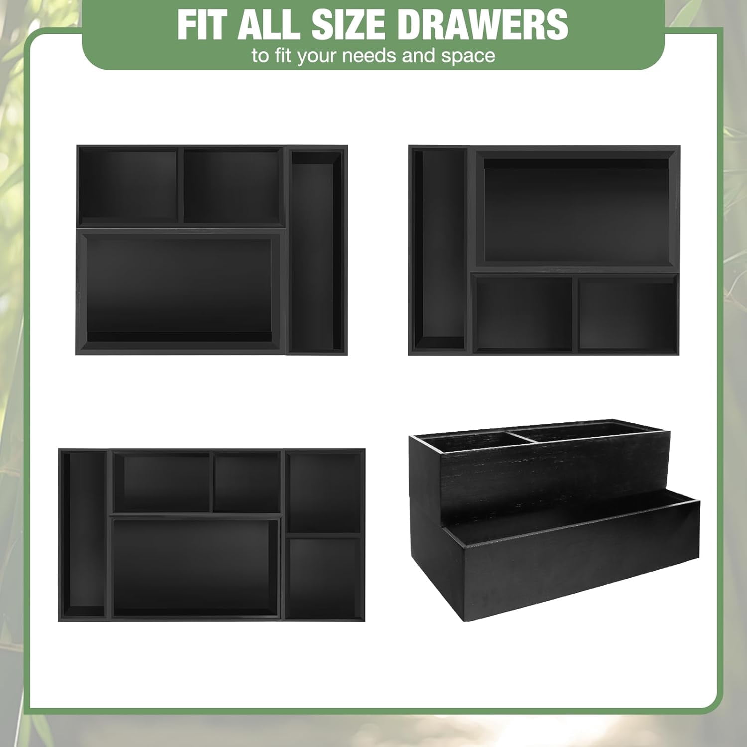 Bamboo Drawer Organizer,5 PCS Black Silverware Tray&Desk Organizers and Storage,Cabinet Divider With Removable Bathroom Organization for Kitchen,Utensils,Junk,Office,Makeup