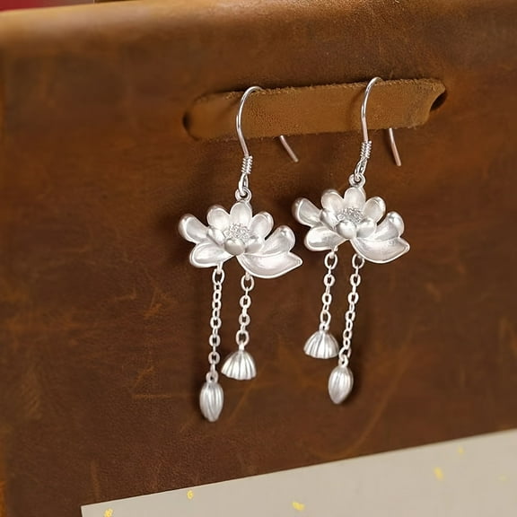Women's Elegant 925 Sterling Silvery Tassel Earrings - Fashionable for Lotus Design, Suitable for Daily and Party Wear,Flower Earrings