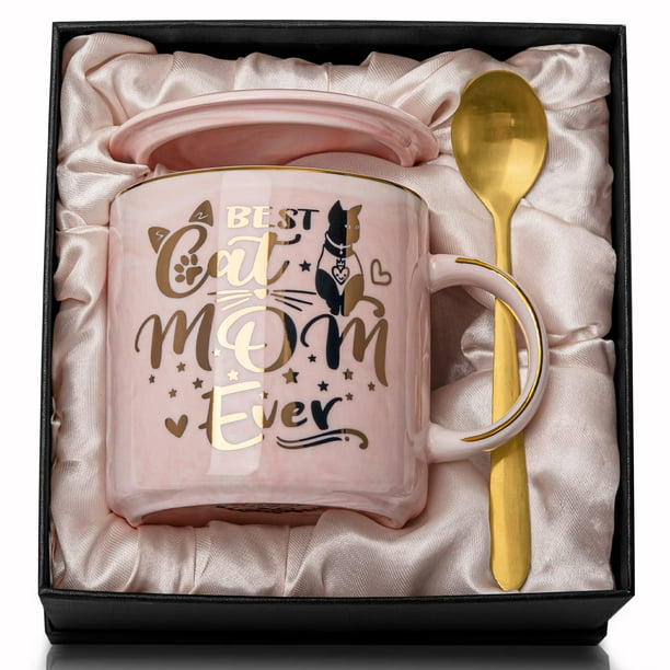 Taza Biching de cerámica rosa para beber, 14 onzas, con forma de gato y mamá