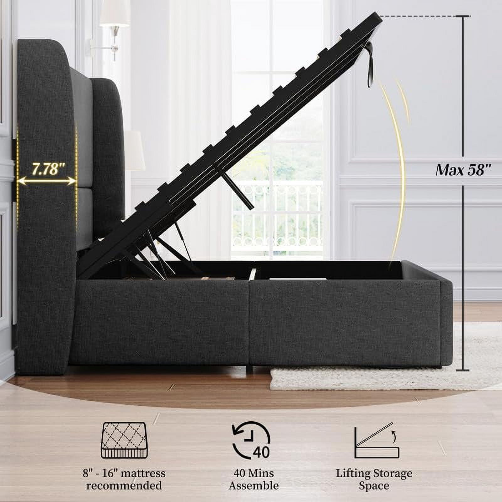 VanAcc Lift up Storage Bed Queen Size Upholstered Platform Bed Frame, Modern Wingback Headboard, No Box Spring Needed, Light Grey