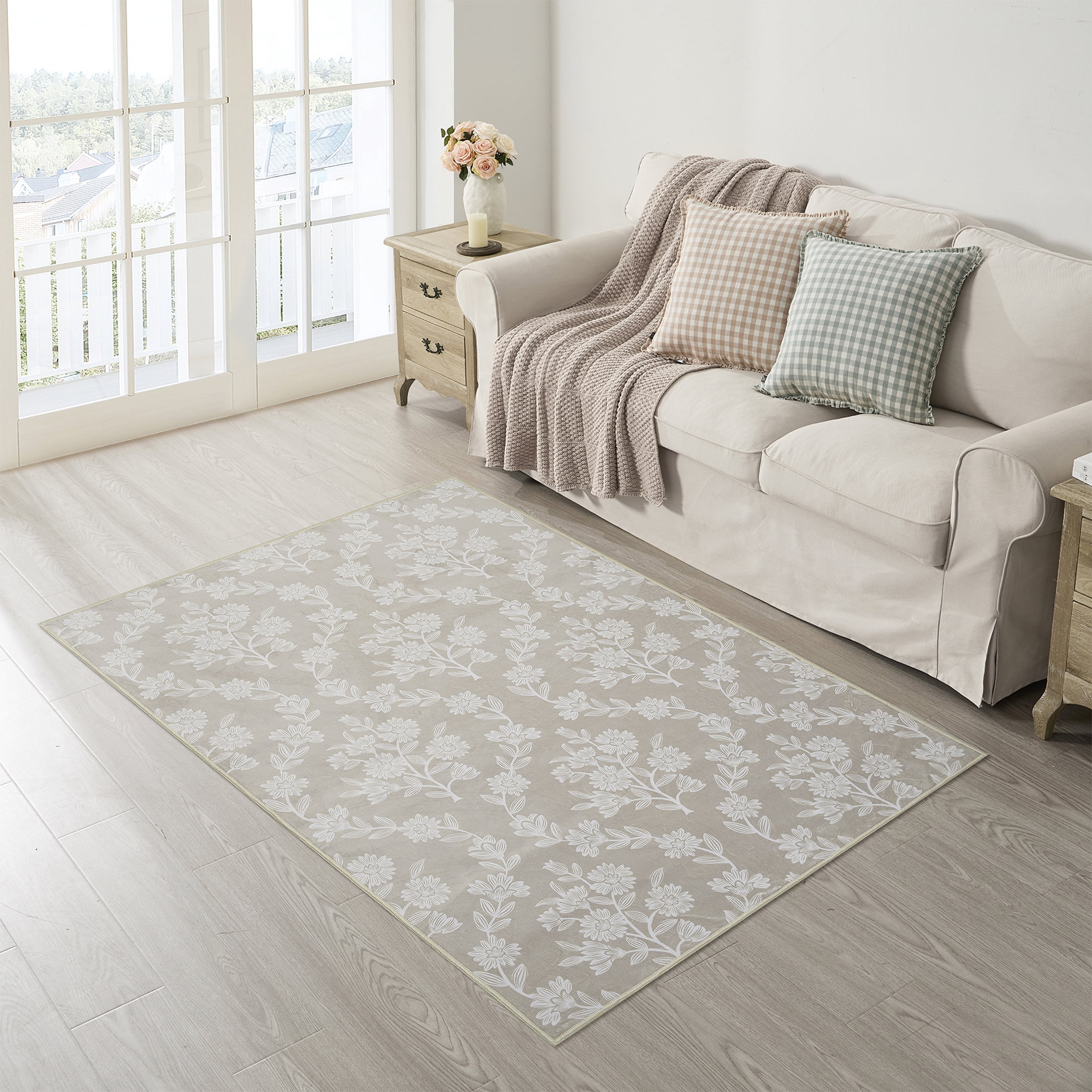 My Texas House Taupe Flower Damask Machine Washable Indoor Area Rug, 5' x 7'