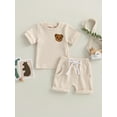 thumbnail image 2 of GXFC Toddler Baby Boys Summer Solid Shorts Outfits Infant Boys Short Sleeve Ribbed Bear Pattern T-Shirt Tops+Short Pants Set Casual Clothes 2Pcs 3M-3T, 2 of 9