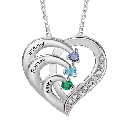 Mementos Jewelry Silver Personalized Heart Family Necklace for Women with 3 Name Birthstone