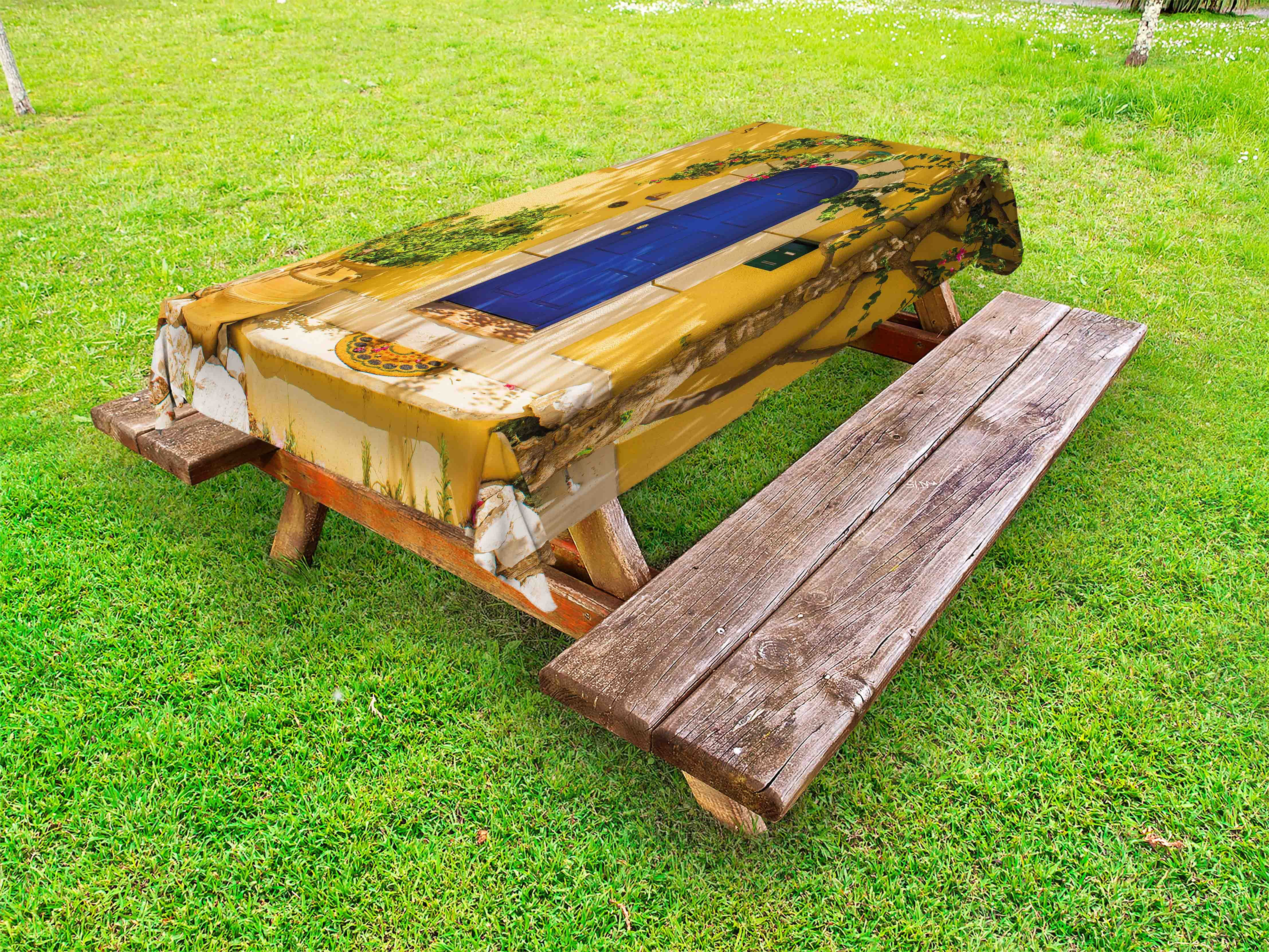 Yellow and Blue Outdoor Tablecloth, Traditional Greek House Door with