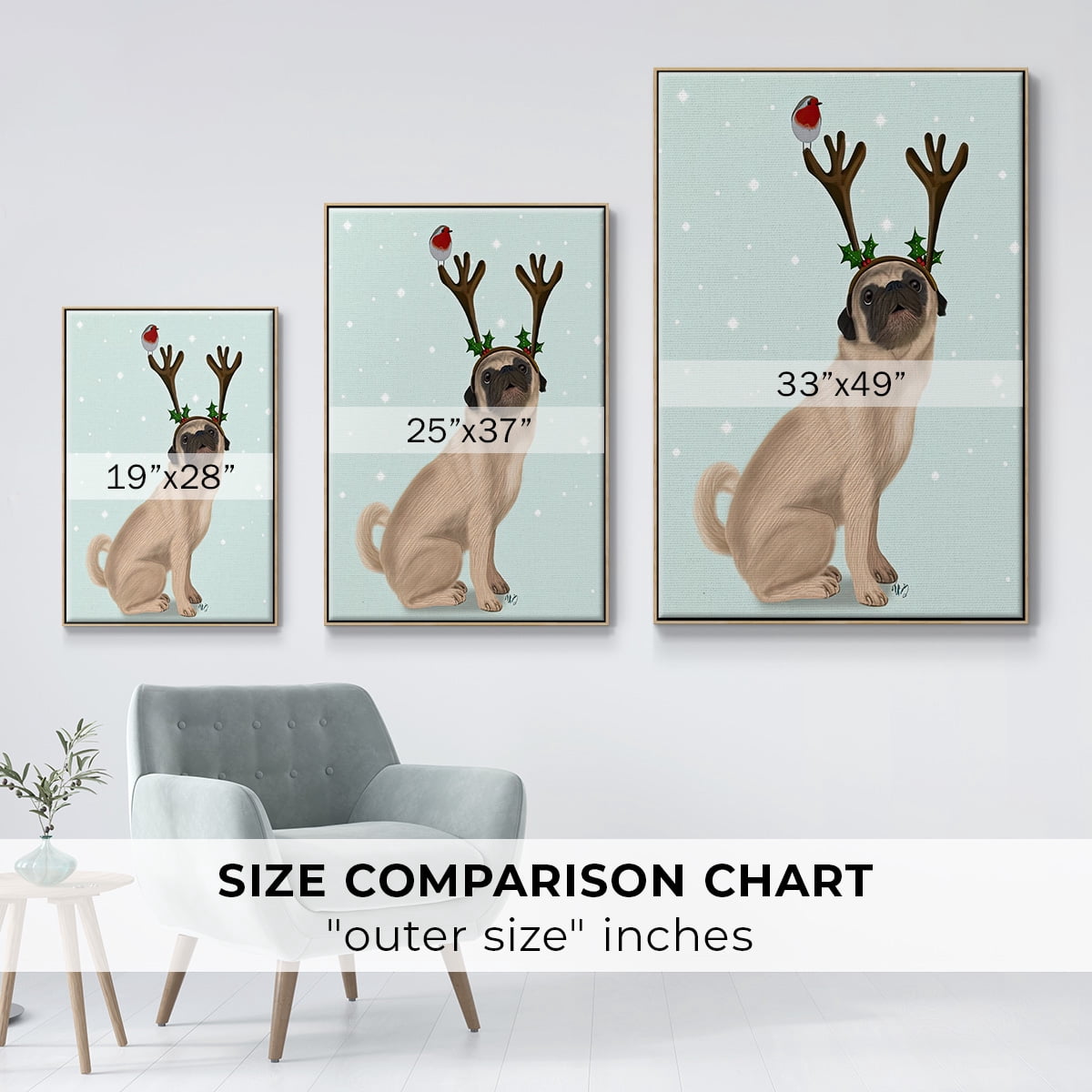 Christmas Pug with Antlers and Robin - Framed Gallery Wrapped Holiday Canvas - 27 x 41 - Natural Wood Frame