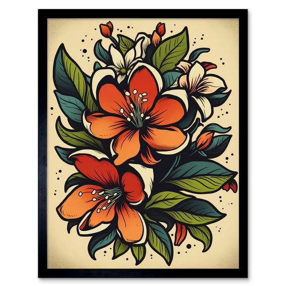 Red Jasmine Flower Old School USA Tattoo Ink Body Rockabilly Americana 50s Art Print Framed Poster Wall Decor 12x16 inch