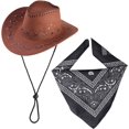 thumbnail image 1 of Accesorios para disfraz de vaquero, sombrero de vaquero con bandana, conjunto de vaquero para Halloween, cosplay, disfraces (marrón), 1 of 5