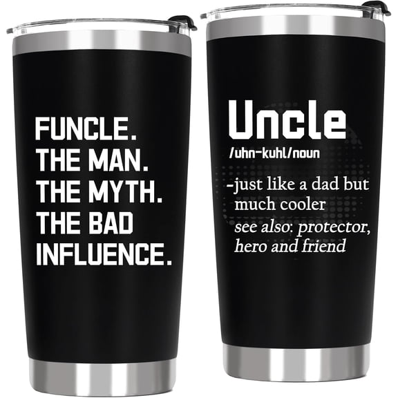 Fun Uncle Gifts from Niece Nephew - Gifts for Cool Uncle The Man The Myth The Bad Influence Birthday Present, Insulated Stainless Steel Coffee Tumbler Cups 20 OZ Black