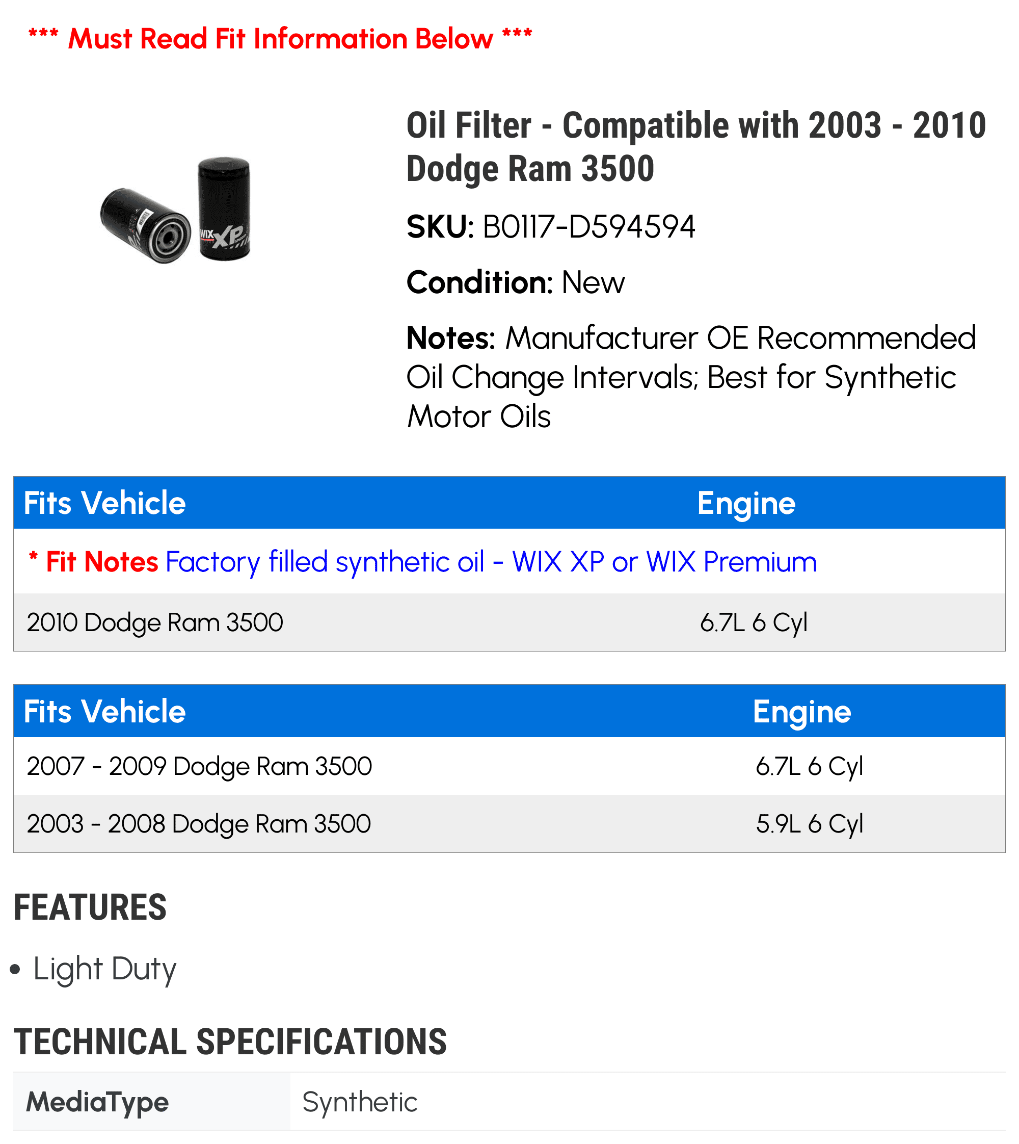 Oil Filter - Compatible with 2003 - 2010 Dodge Ram 3500 2004 2005 2006 2007 2008 2009