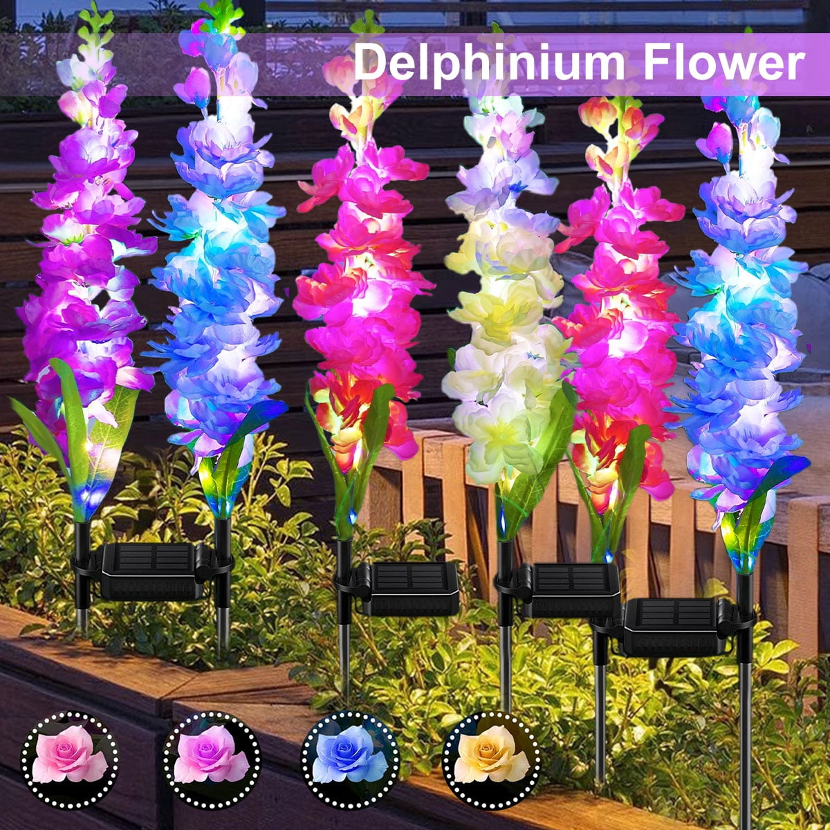 Syenll Delphinium Solar Flower Lights, 4 Pack Solar Garden Lights with 36 LEDs, Waterproof Solar Outdoor Lights for Yard Patio Lawn Decor