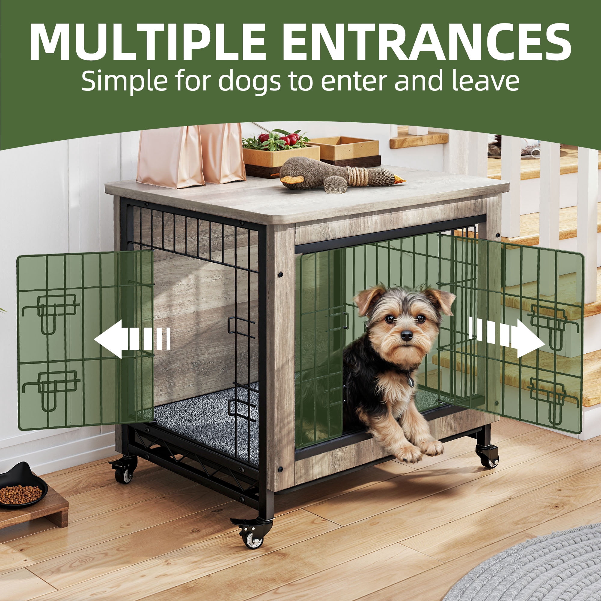 Uforic 27" Dog Crate Furniture with Cushion & Tray, Wooden Indoor Dog Kennel End Table for Small Dogs, Gray