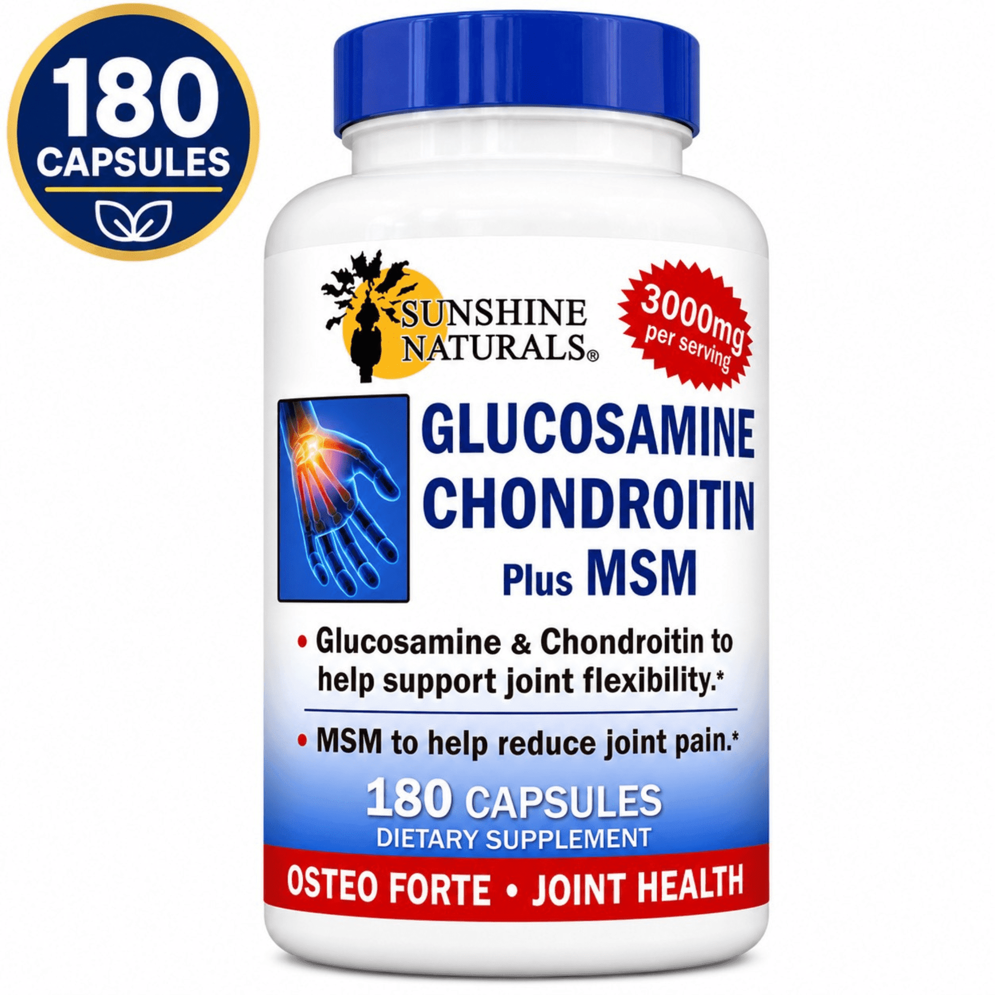 Sunshine Naturals Glucosamine Chondroitin Plus MSM for Joint and Bone Health, 180 Capsules