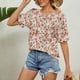 thumbnail image 2 of Blusa de manga con volantes estampada, cuello redondo, borde elástico, blusa informal para mujer, citas, naranja, M, 2 of 6