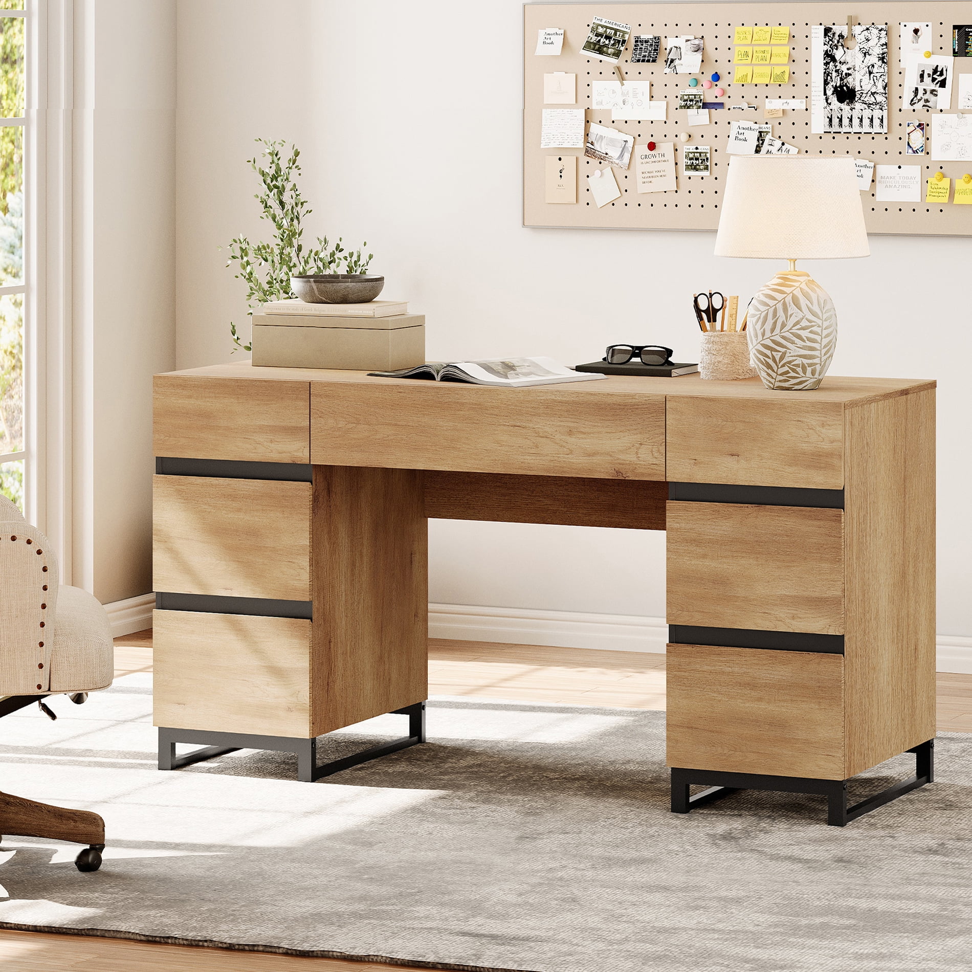 WAMPAT 59" Rustic Oak Modern Executive Desk with Drawers & Charging Station, Wood Computer Writing Desk with File Drawer, Study Table for Bedroom, Living Room & Home Office