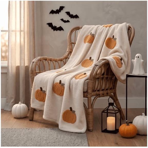 Fall Pumpkin Knit Blanket - Reversible Soft Throw for Couch Sofa Bed,Autumn Decor with Orange White Design,Machine Washable Cozy Throw for Thanksgiving, 27.6x39.4 Inch