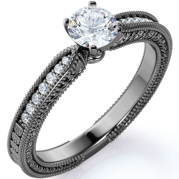 JeenMata Antique .75 ct - Round Moissanite - Vintage Inspired - Edwardian Gothic Engagement Ring - 18K Black Gold over Silver