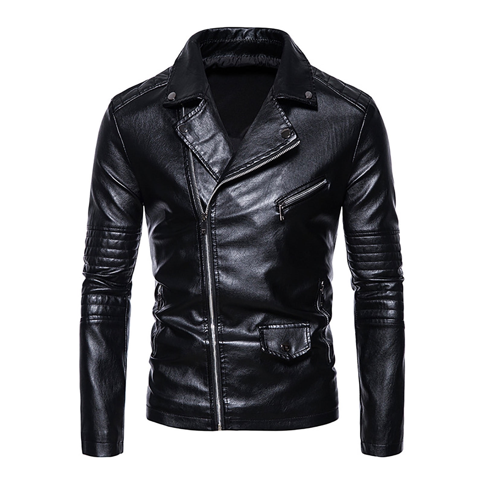 IROINNID Men's Long Sleeve V-Neck Faux Leather Notch Lapel Mid-Length Jacket Solid Color Comfy Autumn Spring And Autumn Faux Leather Jacket