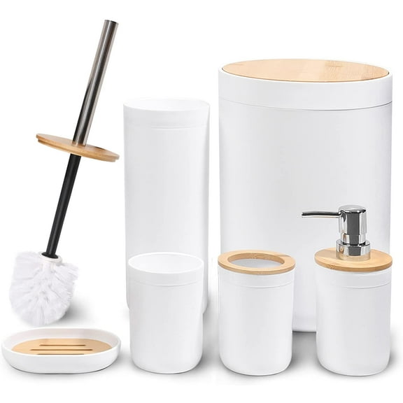 Bamboo Bathroom Accessory Set, 6 Pieces Bath Set- Soap Dish Toothbrush Holder Rinse Cup Lotion Bottle Trash Can Toilet Brush - Practical Toilet Kit for Home Washing Room,White