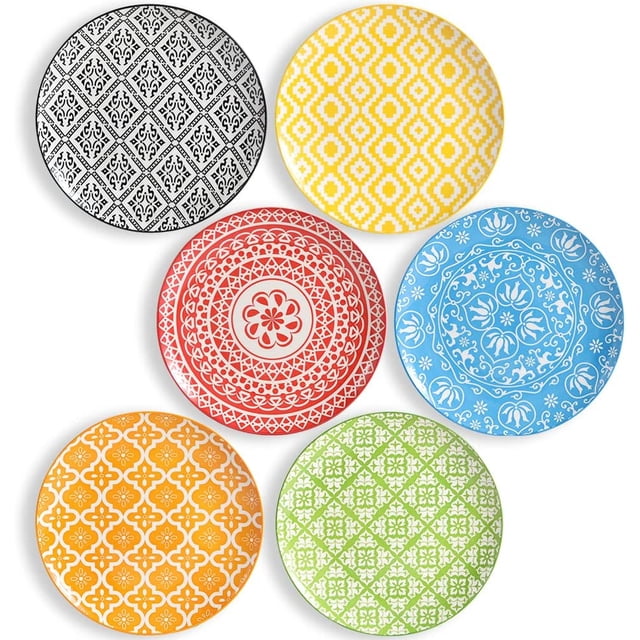 Dinner Plates Ceramic Plate Set - 10 Inch Large Porcelain Round Plate Sets of 6 - Flat Colorful Pattern Dining Plates for Kitchen | Family - Dishwasher | Microwave | Oven Safe