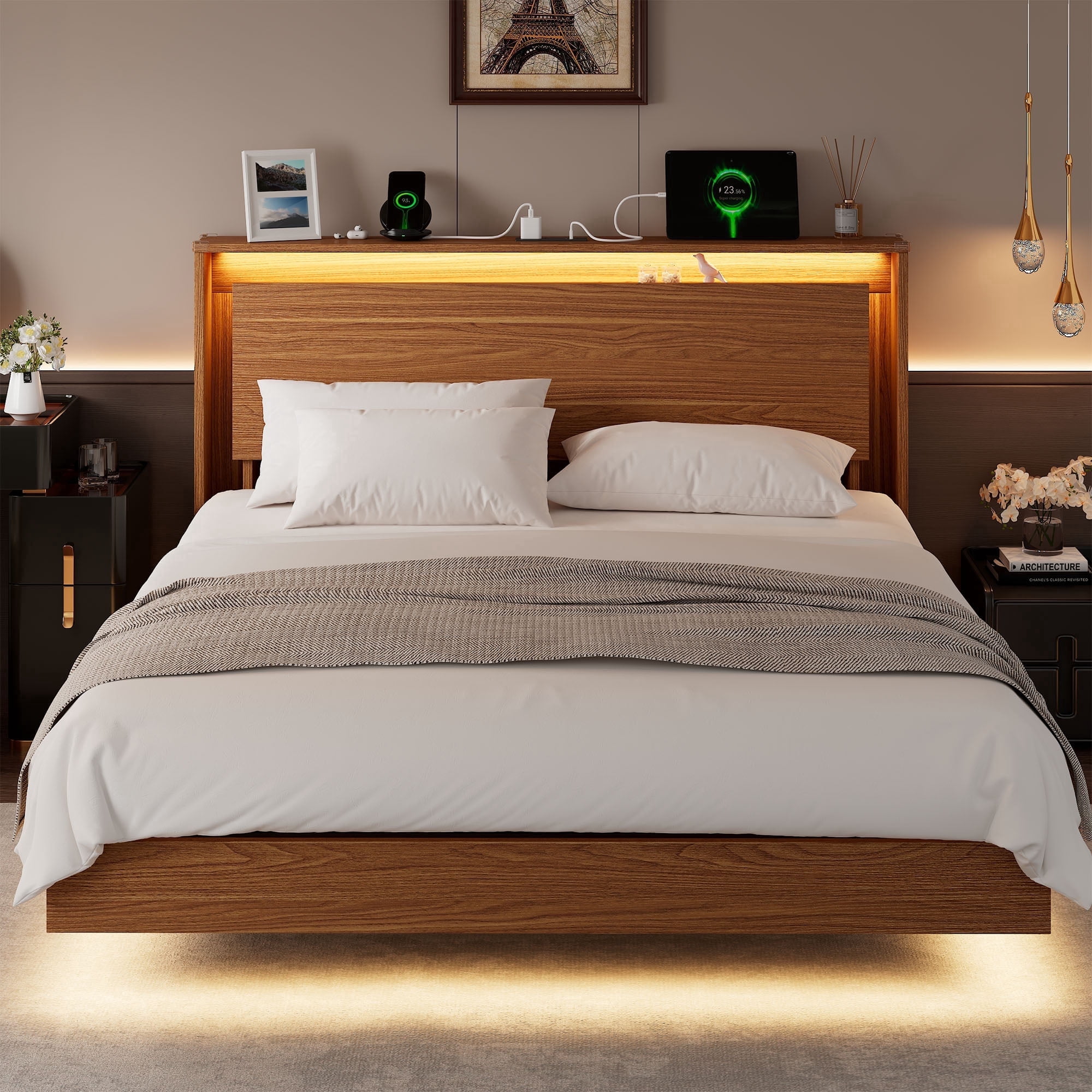 Einhomn Full Size Floating Bed Frame with  LED Lights & Charging Station,Wood Platform Bed Frame with Storage Headboard,Noise Free,No Box Spring Needed,Easy to Assemble-Walnut