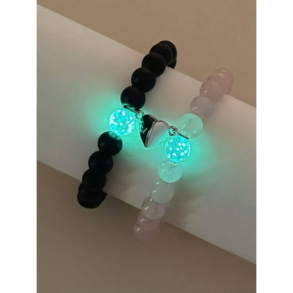 QQTDFG 2pcs Couple Glow In The Dark Magnetic Heart Charm Pink and Black Beaded-default