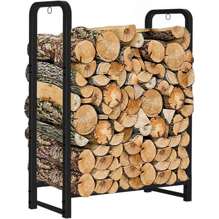Firewood Rack Stand 4ft Heavy Duty Logs Holder for Outdoor Indoor Fireplace Metal Wood Pile Storage Stacker Organizer, Matte Black