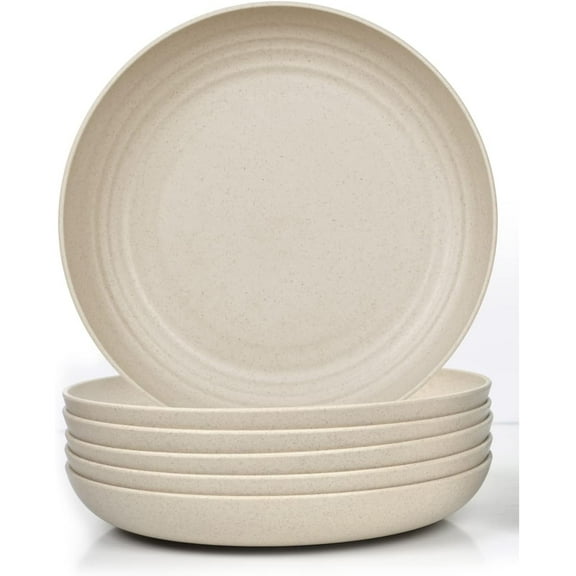 Round 10 Inch Wheat Straw Deep Plates 6 Pack Unbreakable Reusable Plastic Plates Thick Lightweight Dishwasher Safe for RV Camping Picnic Party Kitchen