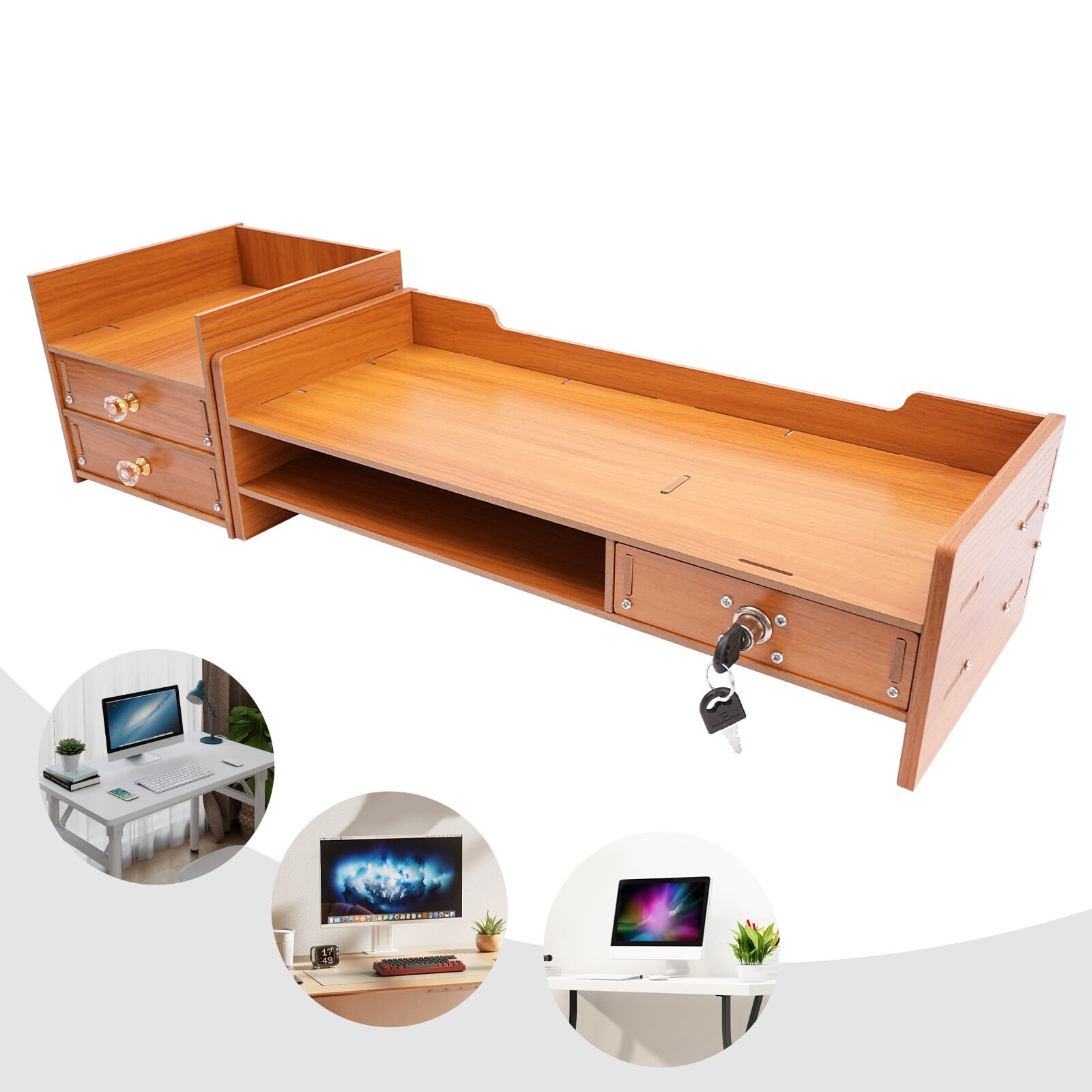 Wooden Desk Organizer With Drawers Office Supplies Computer Stand Desktop Tabletop Storage Stand
