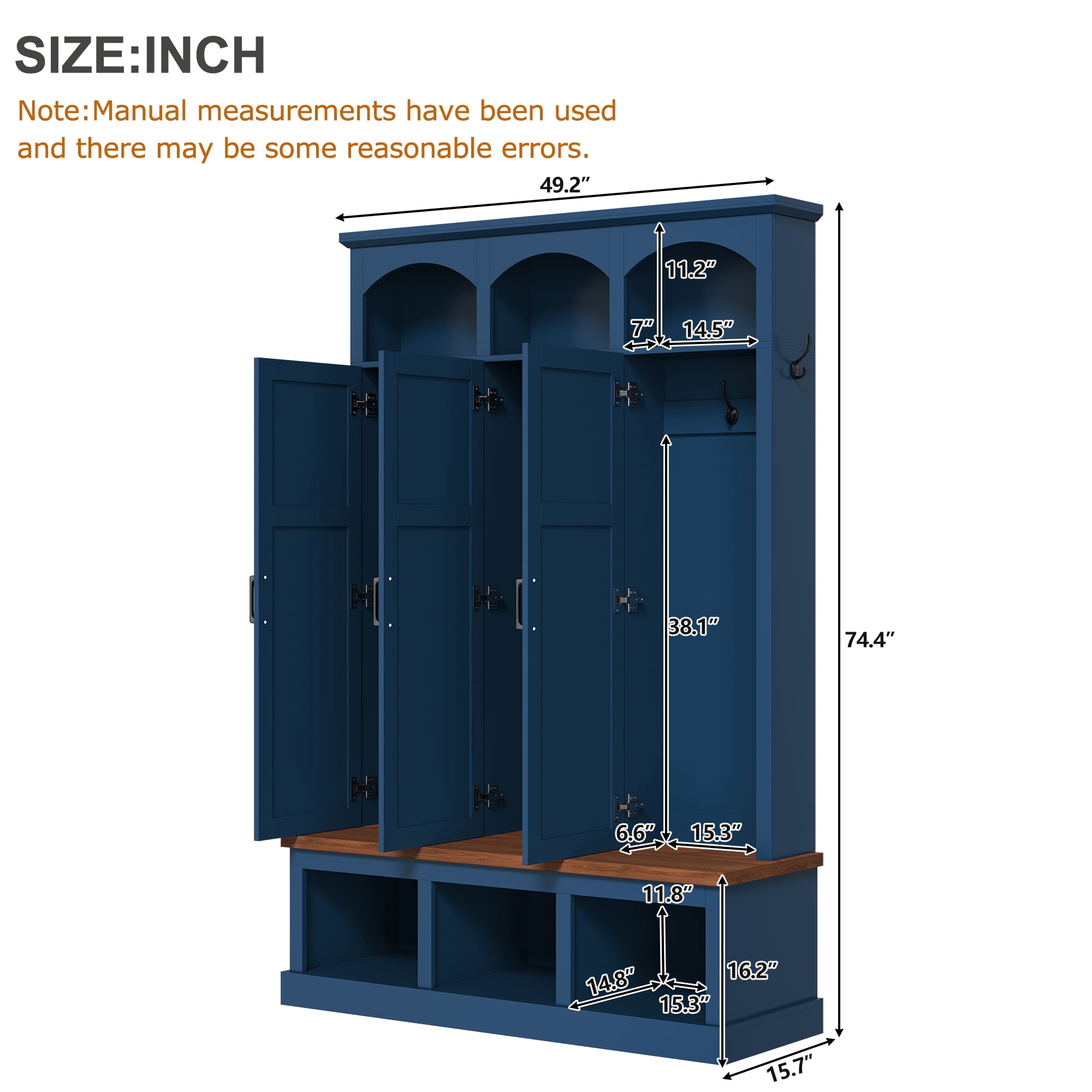 Homy Casa 49.2" Mudroom Hall Tree with Built-in Bench, Coat Rack, Doors & Shoe Storage, Blue