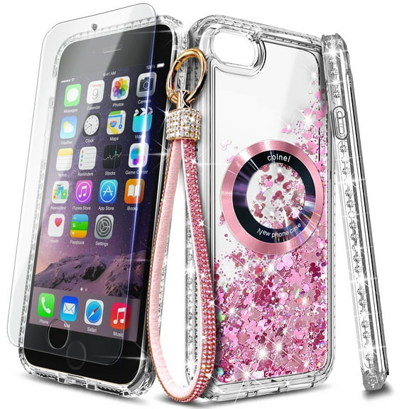 NageBee Designed for iPhone 8 Plus, iPhone 7 Plus /6 Plus /6S Plus Magnetic Case for MagSafe, Tempered Glass Screen Protector/Wrist Strap Lanyard, Glitter Floating Liquid Cute Case (Rose Gold)