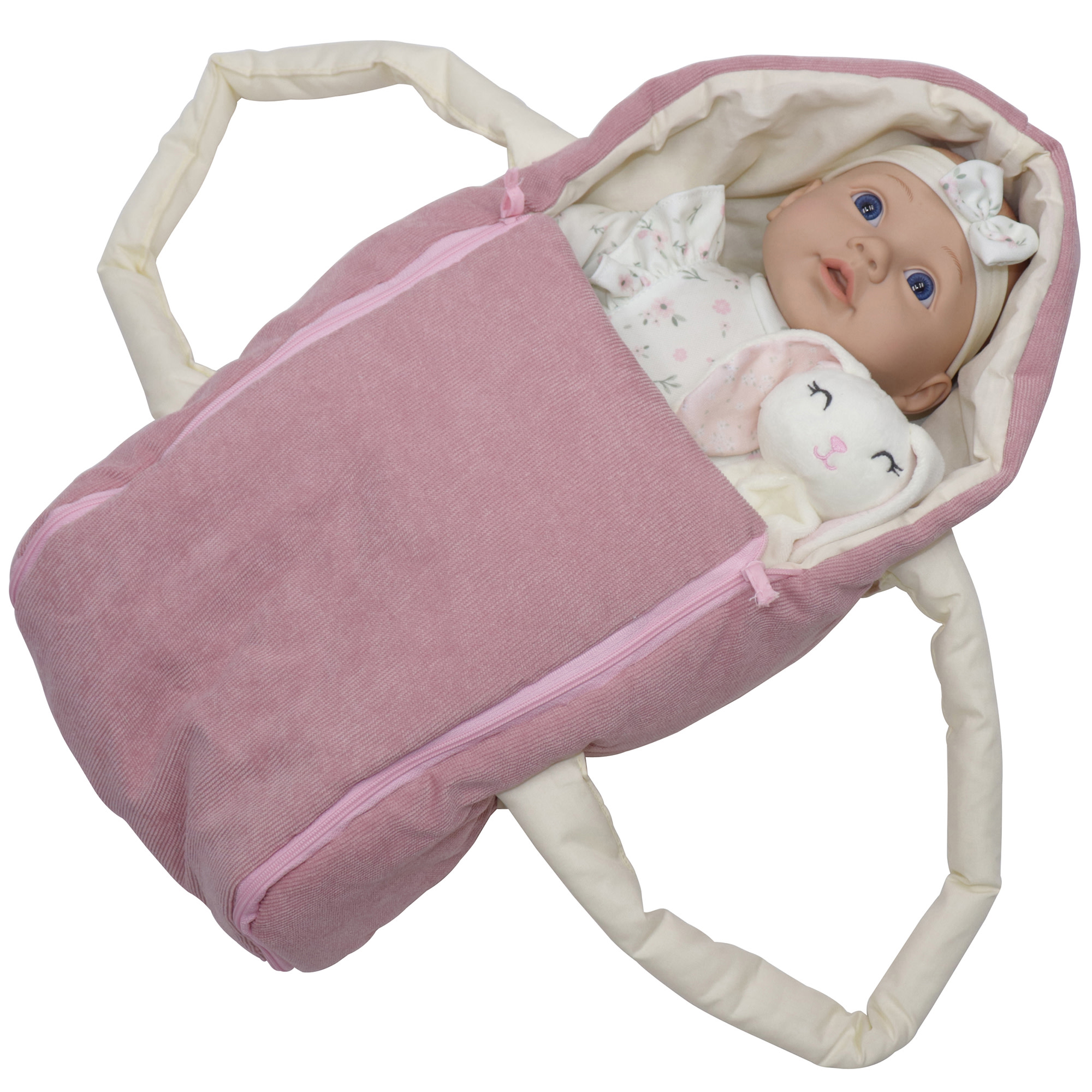 Baby Dreami: 16" Baby Doll Bassinet Playset - White & Pink Floral Onesie, Plush Animal Rabbit Blanket, Carry Bed, Feeding Bottle Toy, Kids-Toddlers 2+