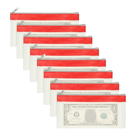 8.5x4 Inch Money Bags with Zipper, 8Pcs Clear Cash Deposit Bank Pouch Envelopes Check Wallet for Coin Cosmetics Invioce Bill, Red