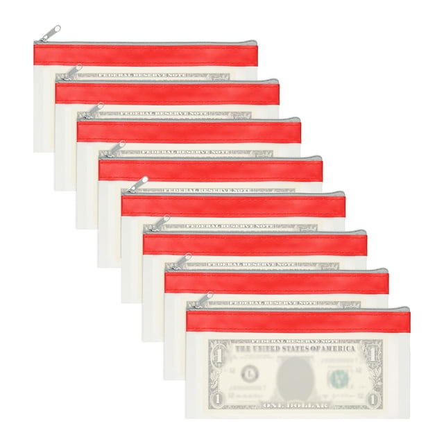 8.5x4 Inch Money Bags with Zipper, 8Pcs Clear Cash Deposit Bank Pouch Envelopes Check Wallet for Coin Cosmetics Invioce Bill, Red