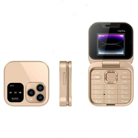 i16pro Mini Flip Phone Golden Foldable Flip Mini Cell Phone 2G GMS Mobile Phone Unlocked Flip Phone 1.77 '' Screen 2 SIM Camera Flashlight Radio Flip Mini Smartphone