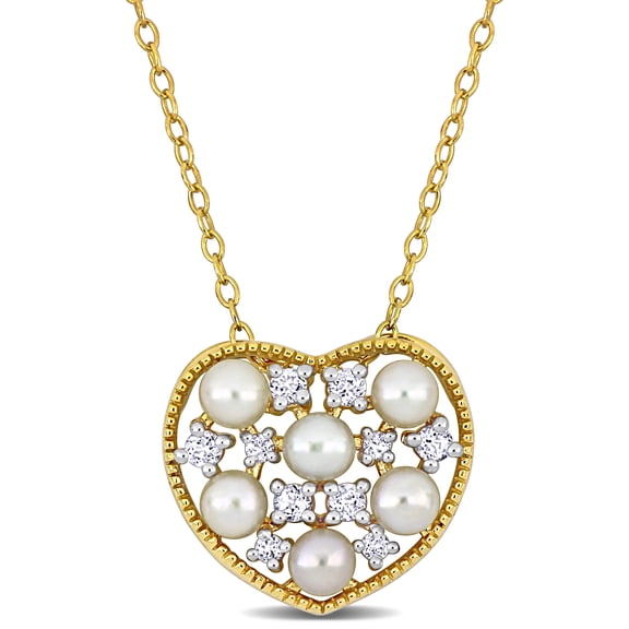 Everly Women's Cultured Freshwater Pearl and White Topaz Yellow Silver Heart Charm Necklace
