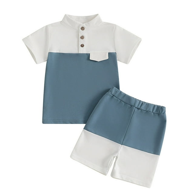 Zpanxa Summer Outfits for Girls Solid Color Stand Collar Color Block Short Sleeve Top and Shorts Set 4 Years