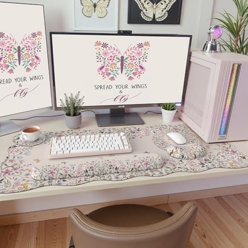 Tekola Desk Mat Set,Large Mouse Pad with Wrist Rest,Ergonomic Keyboard Wrist Support for Women,Girly Floral Computer Mat with Scalloped Edges,Non-Slip Desk Pad Home Office Gaming (Beige)