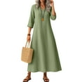 thumbnail image 2 of UoCefik Cotton Linen Dress for Women Work V Neck Flowy Maxi Dresses Summer Casual 3/4 Sleeve Sundress Elegant Fall Vacation Beach Dress Green L, 2 of 5