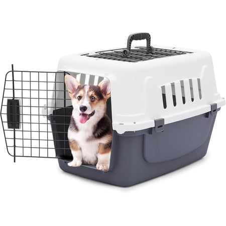 22 Inch Hard-Sided Plastic Dog Carrier, 2-Door Top-Loading Kennel for Small Dogs and Cats Longer Traveling, Durable Handle, and 4 Sides Ventilation for Pet Up 22 lbs (White+Grey)
