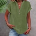 thumbnail image 2 of Womens Cotton Linen Shirts 2025 Summer Casual Half Button V Neck Short Sleeve Tunic Tops Trendy Business Work Blouses Army Green XL, 2 of 6