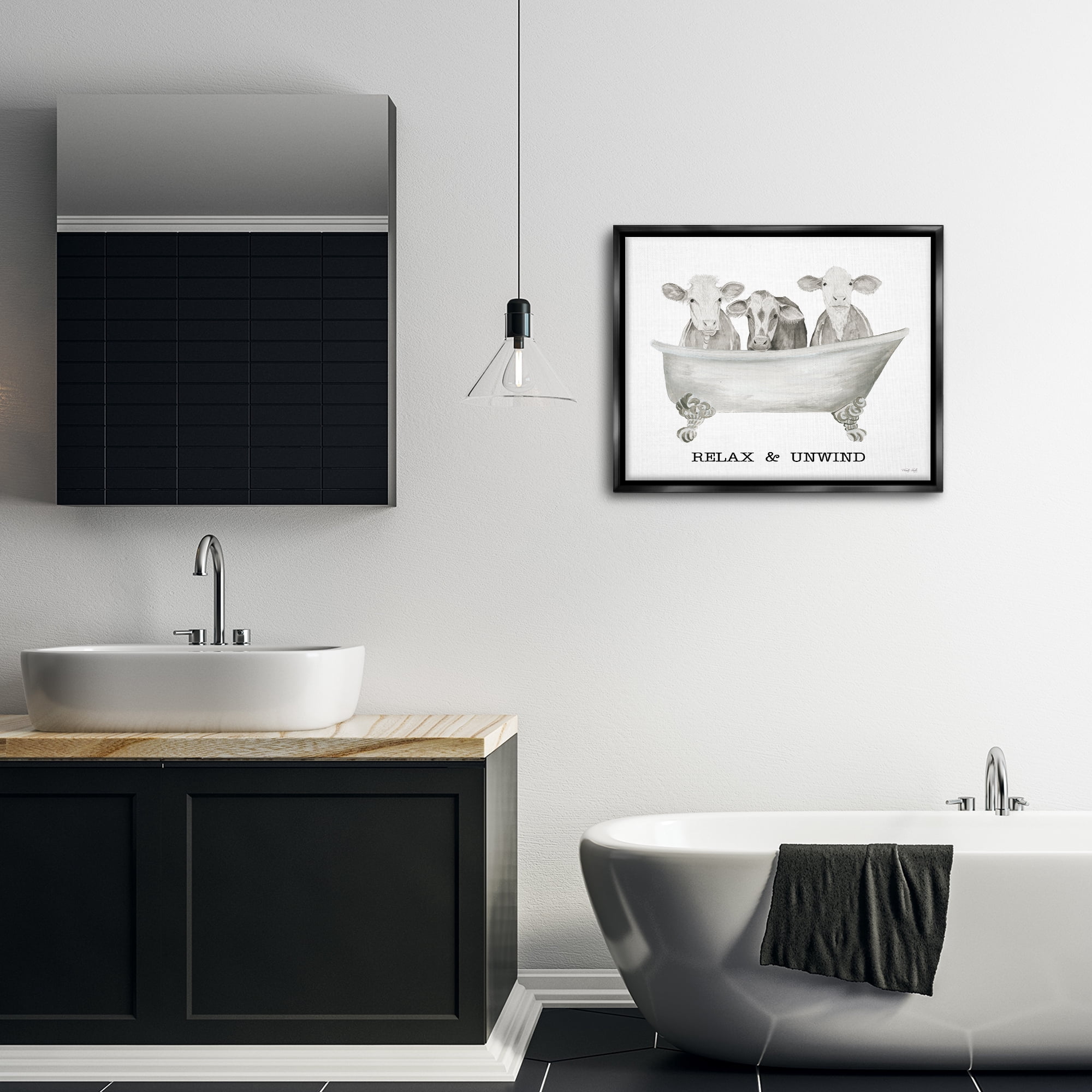Stupell Industries Relax Unwind Cow Tub Bath & Laundry Painting Black Floater Framed Canvas Art Print Wall Art, 31 x 25