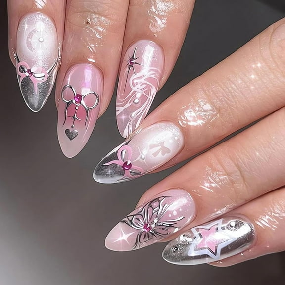 Cute Halloween Press on Nails Medium Almond Shape Fake Nails Orange Pumpkin Glue on Nails Halloween False Nail Tips with Stars and Flowers Almond Halloween Stick on Nails for Women, 24Pcs color3